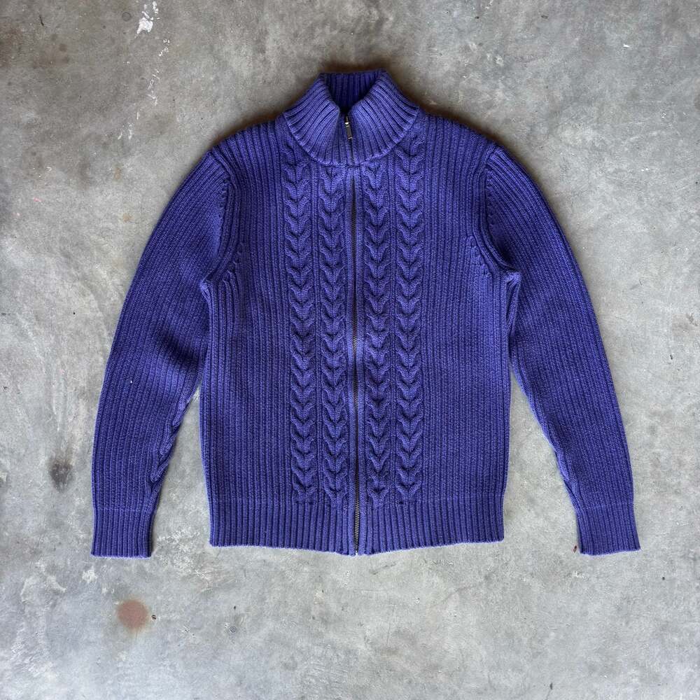 Vintage 90s Lands End Cable Knit Full-Zip Mock Neck Sweater